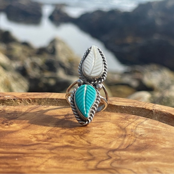 Turquoise & Mother of Pearl Ring, in Sterling Silver, Size 4.75